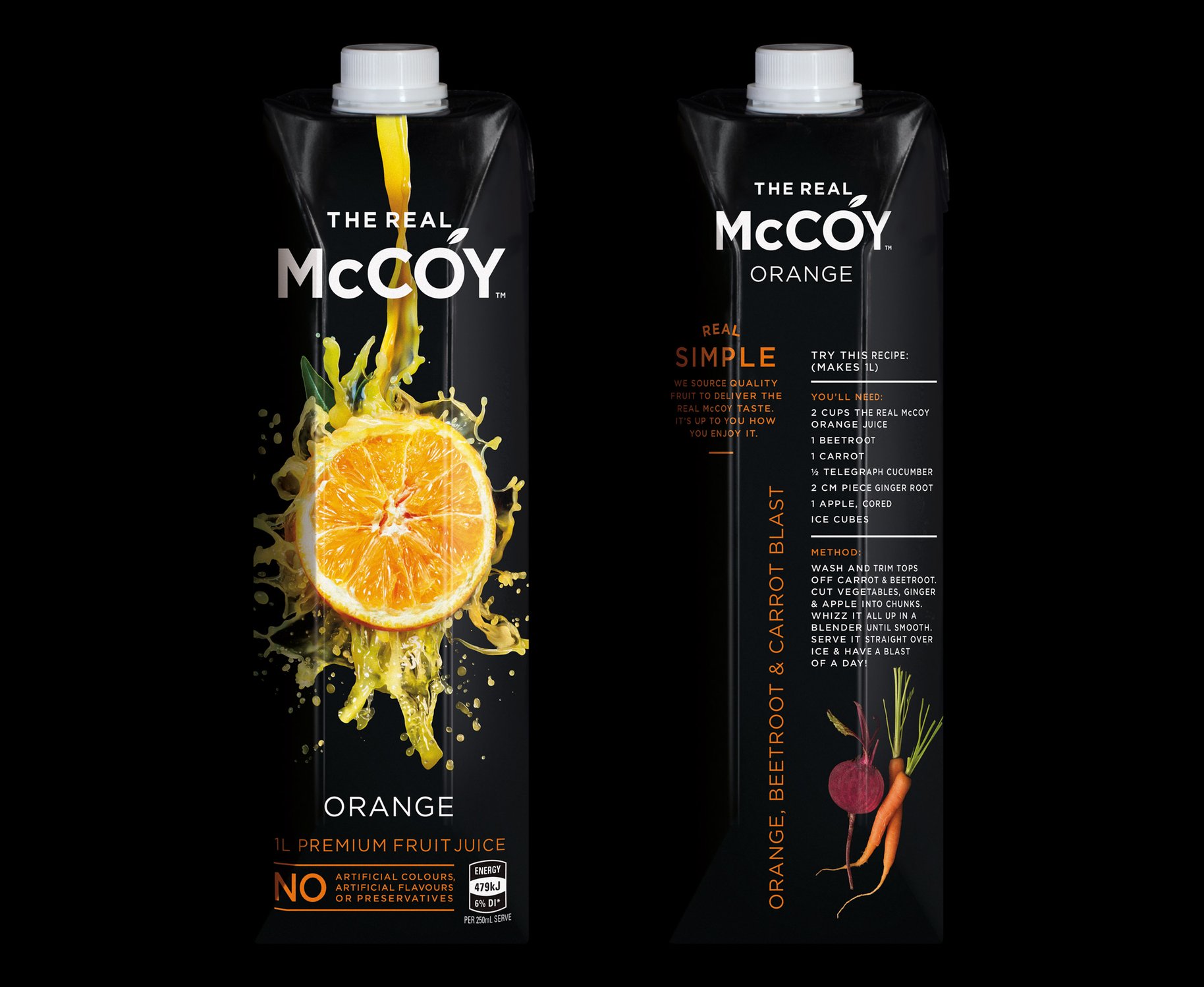 McCoy 1L tetra juice packaging front and back orange