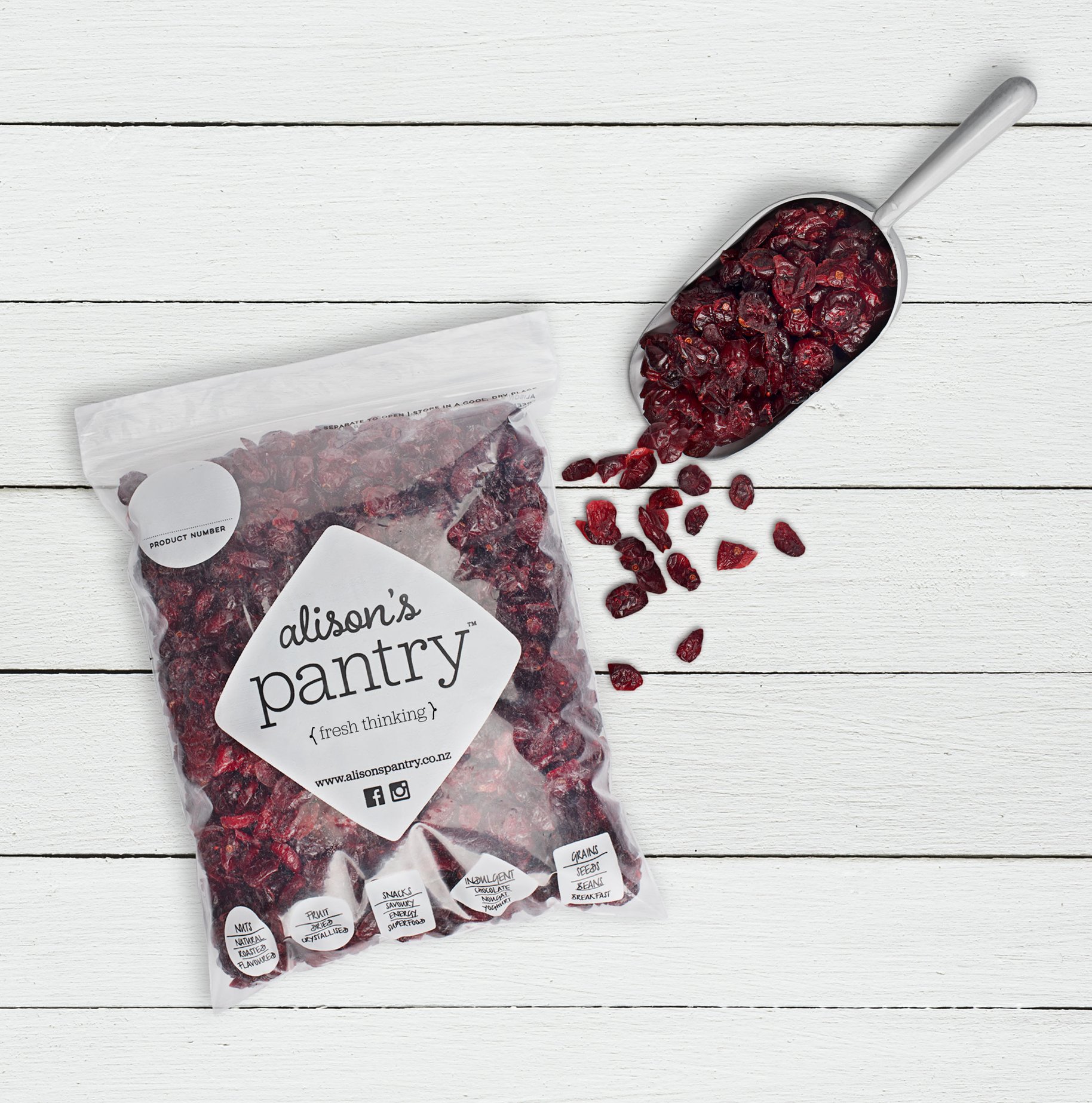 Alison's Pantry bag of cranberries and scoop photograph