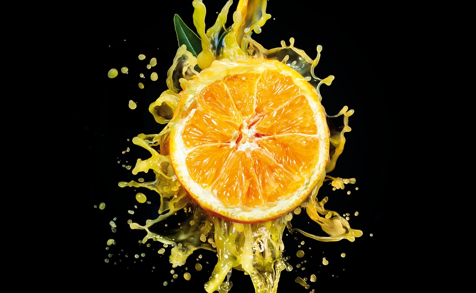 Orange half juice splash photography